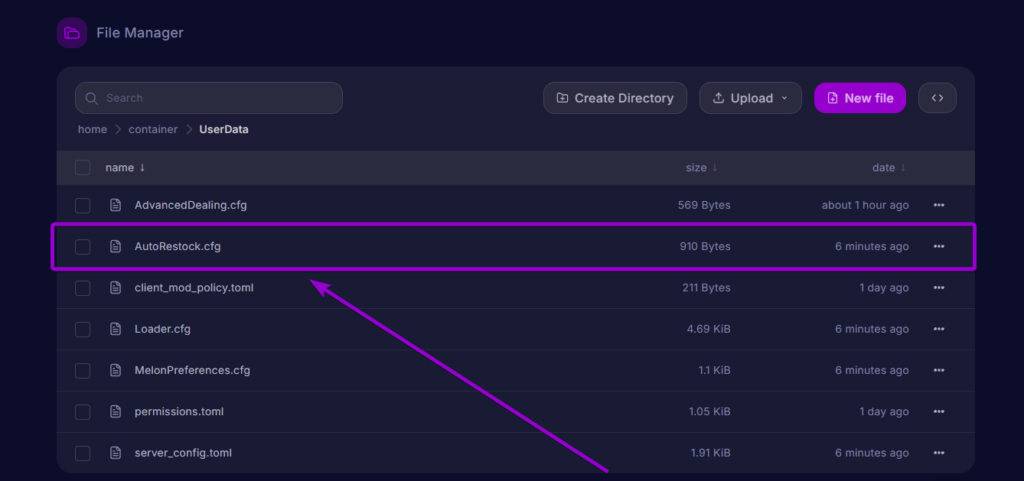 AutoRestock configuration settings in the file editor