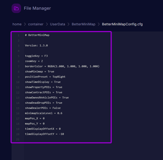 Editing parameters inside BetterMiniMapConfig.cfg in the web editor