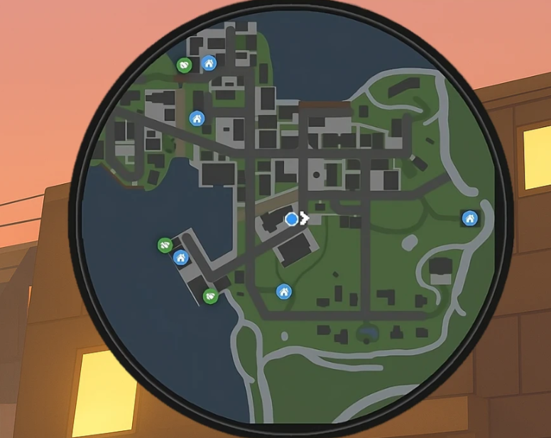 Circular BetterMiniMap HUD overlay displaying streets and POI icons in-game