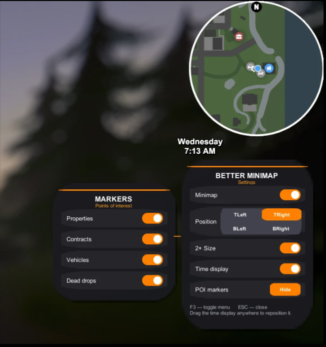 BetterMiniMap in-game configuration menu displaying radar positioning, size toggles, and POI marker filters in Schedule 1