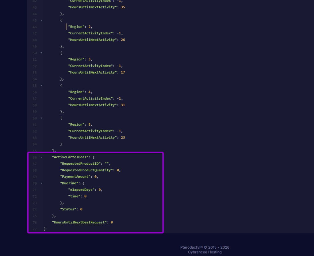 ActiveCartelDeal parameters highlighted inside Cartel.json