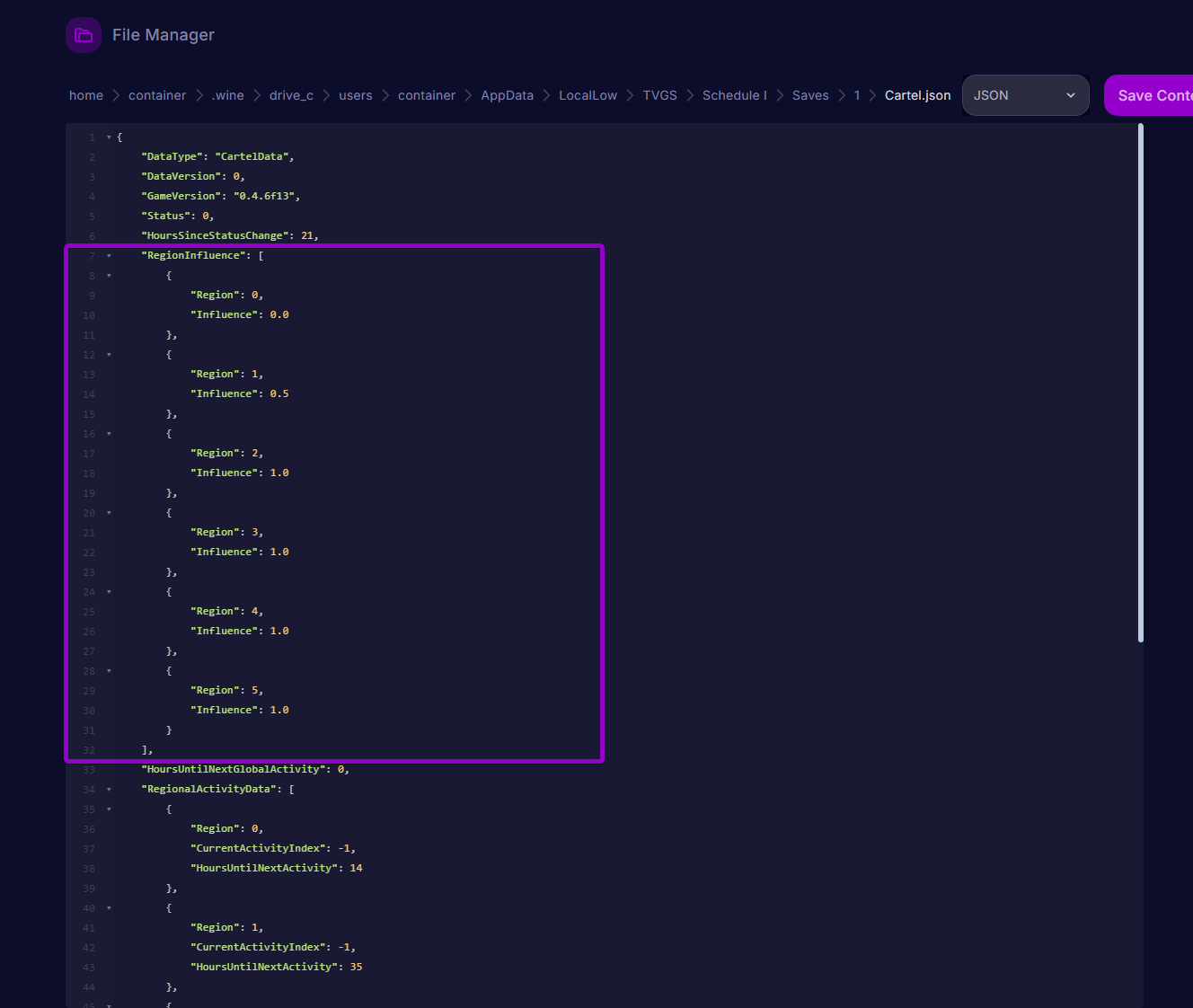 RegionInfluence array settings highlighted inside Cartel.json