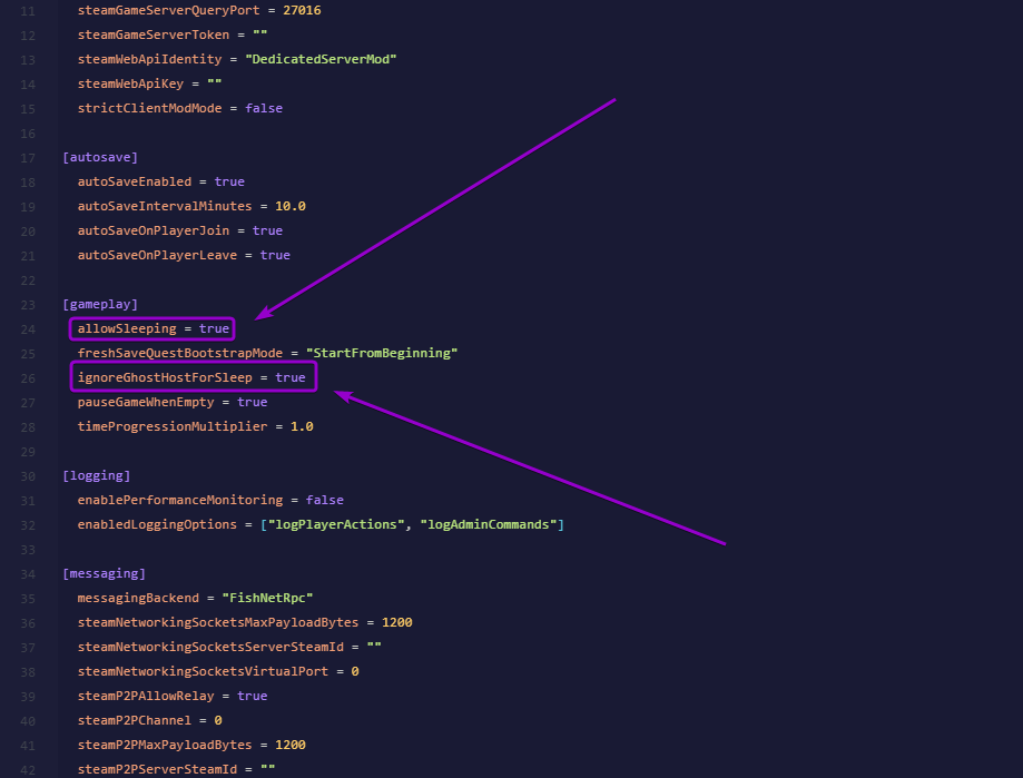 Configuring allowSleeping and ignoreGhostHostForSleep parameters under the gameplay header in server_config.toml
