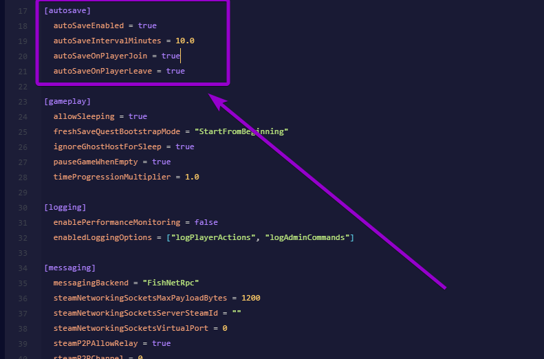 Configuring autoSaveEnabled and autoSaveIntervalMinutes parameters under the autosave section in server_config.toml