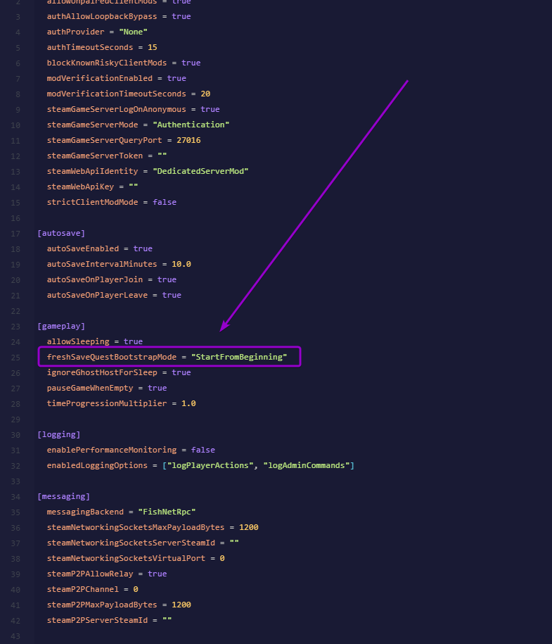 Configuring freshSaveQuestBootstrapMode parameter under the gameplay header in server_config.toml