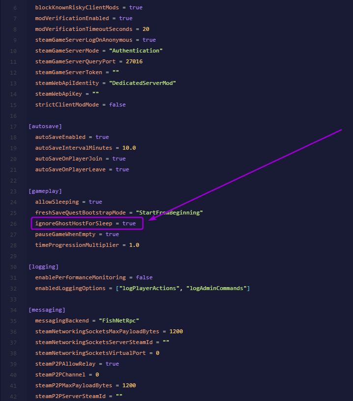 Configuring ignoreGhostHostForSleep and gameplay parameters inside server_config.toml in the file editor