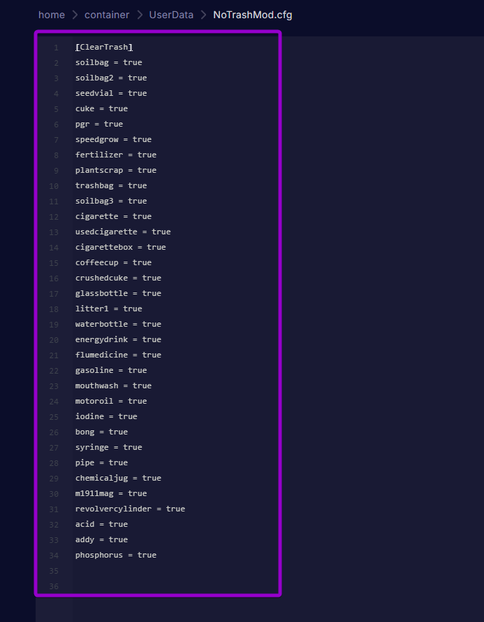 Selecting NoTrashMod.cfg inside the UserData directory within the server file manager