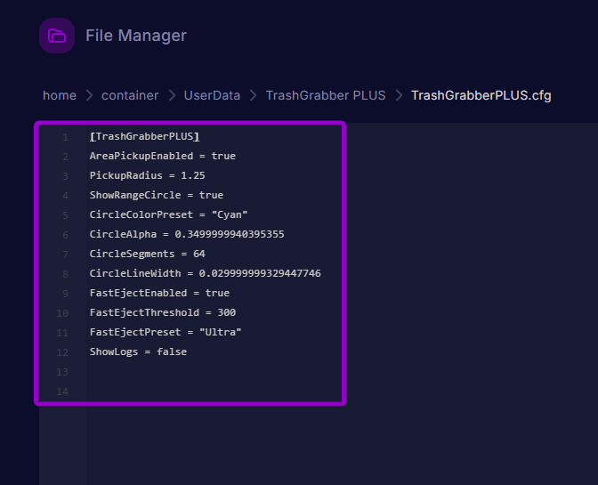 Viewing the generated configuration files inside the TrashGrabber PLUS folder in UserData
