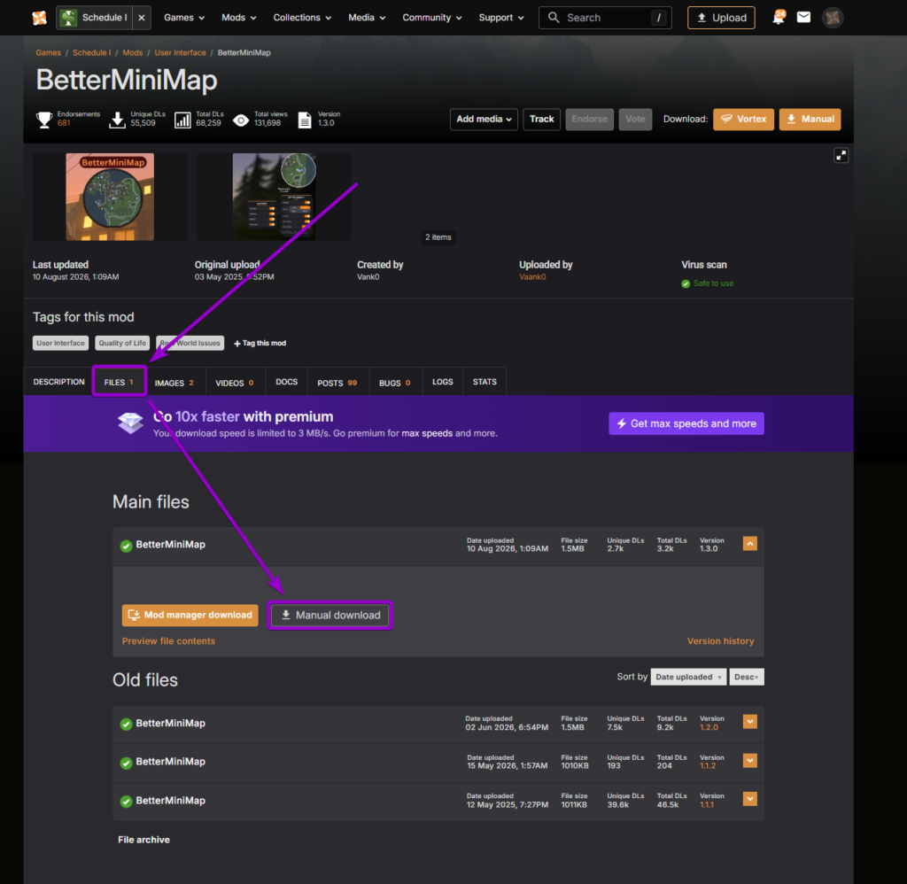 Downloading the BetterMiniMap mod from Nexus Mods