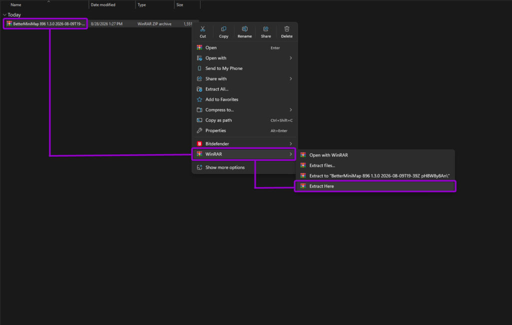 Extracting the BetterMiniMap mod zip archive locally using WinRAR