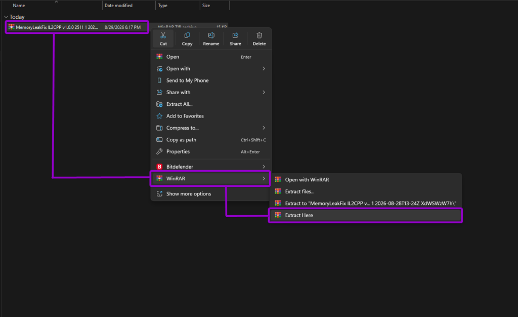 Extracting the downloaded MemoryLeakFix IL2CPP archive using WinRAR in Windows File Explorer