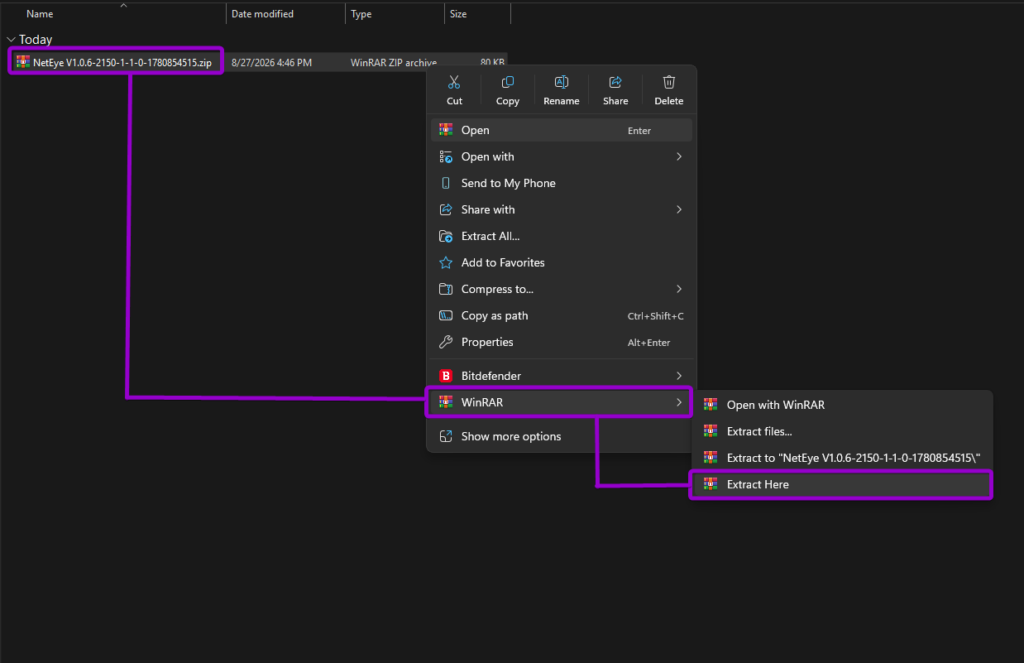 Extracting the NetEye mod zip archive using WinRAR