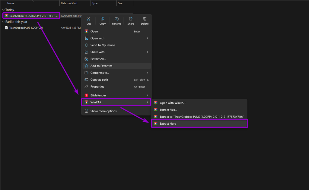 Extracting the TrashGrabber PLUS IL2CPP zip file using WinRAR in Windows File Explorer