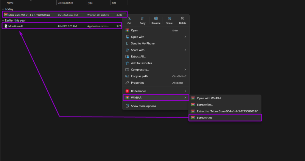 Extracting the More Guns ZIP archive using the WinRAR context menu.