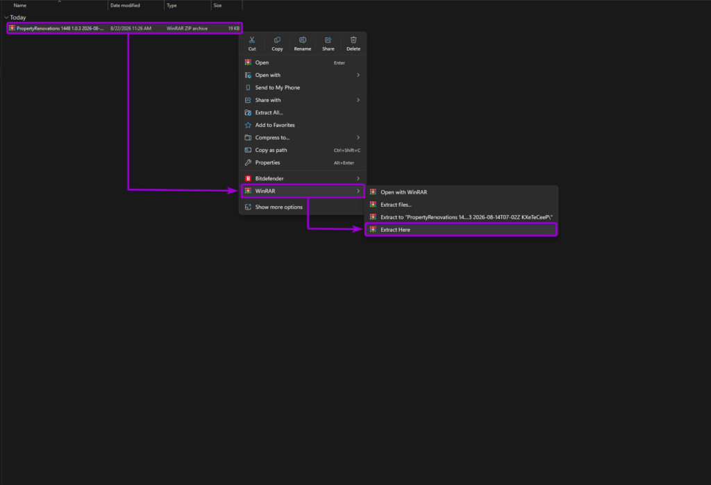Extracting the Property Renovations ZIP archive using the WinRAR context menu.