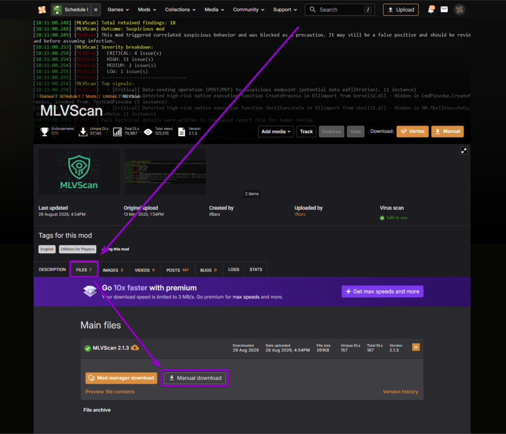 Downloading the MLVScan plugin from the Files tab on Nexus Mods