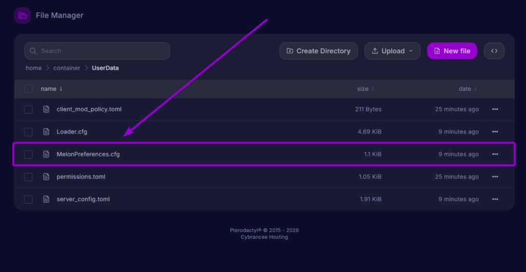 Locating MelonPreferences.cfg inside the UserData directory on the Cybrancee panel.
