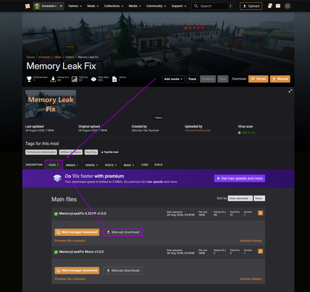 Selecting manual download for the MemoryLeakFix IL2CPP version under the Files tab on Nexus Mods