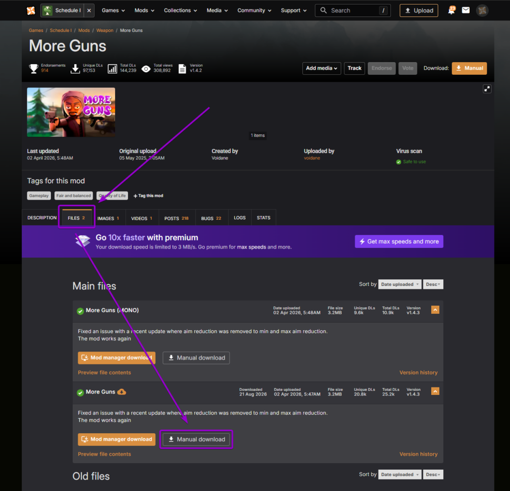Nexus Mods download page showing the Manual download option for More Guns.