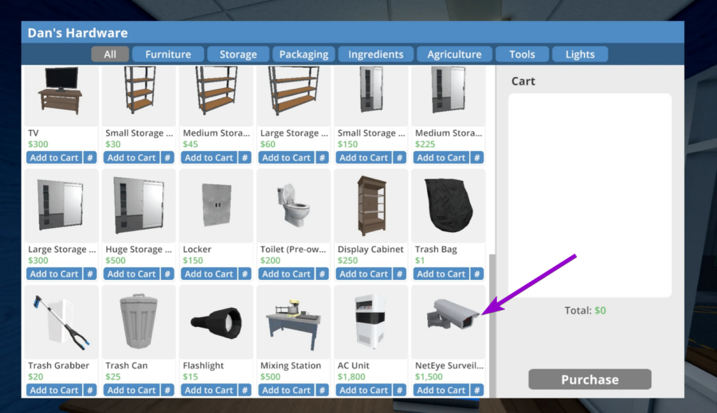 Purchasing the NetEye Surveillance Camera at Dan's Hardware in-game