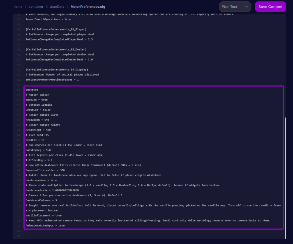 NetEye configuration parameters inside MelonPreferences.cfg
