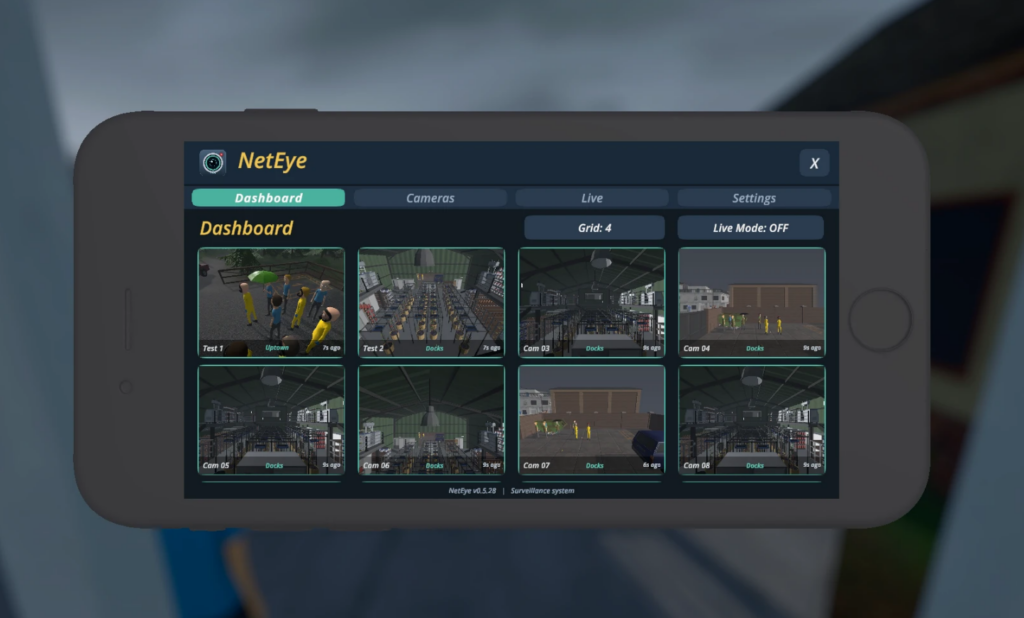 NetEye surveillance dashboard on in-game smartphone displaying live feeds