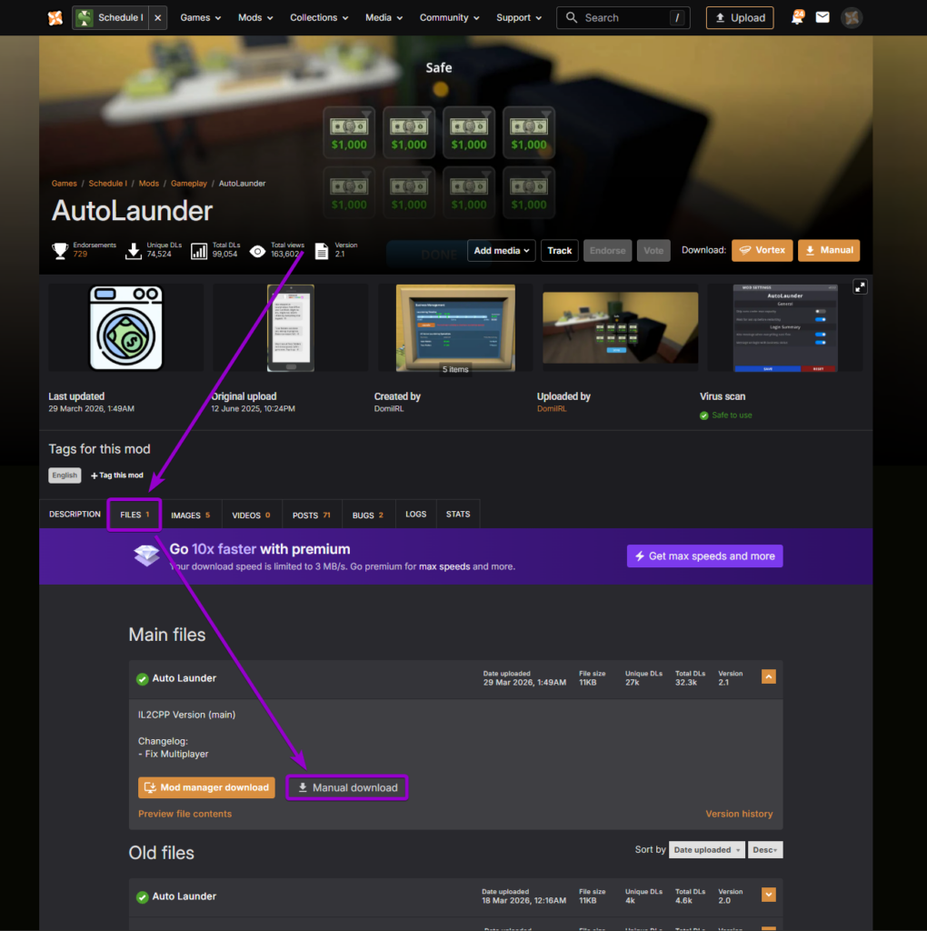 Nexus Mods page highlighting the Auto Launder Manual download button
