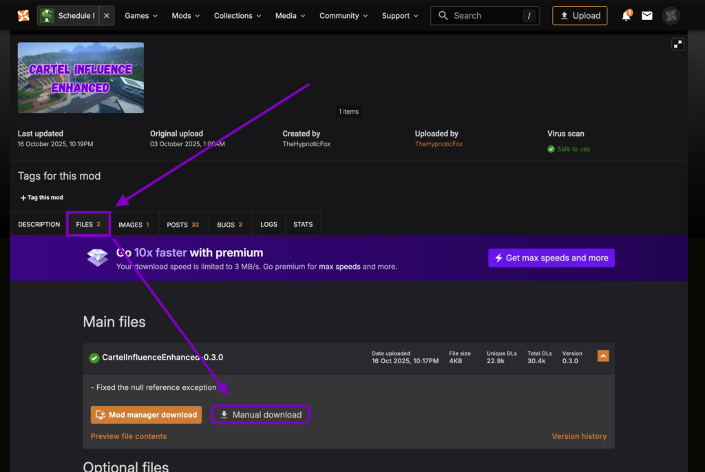 Nexus Mods page for Cartel Influence Enhanced highlighting the Manual Download button