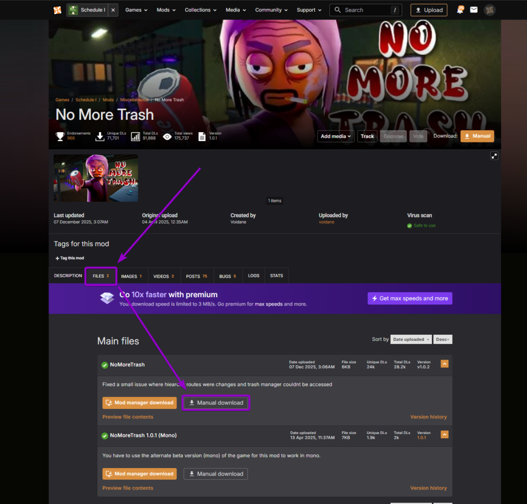Selecting manual download for the No More Trash mod under the Files tab on Nexus Mods