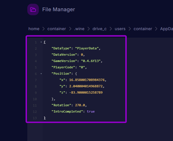 Player Position coordinates and rotation settings in Player.json