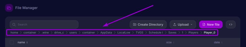 File Manager breadcrumb navigation path to the Player_0 save directory