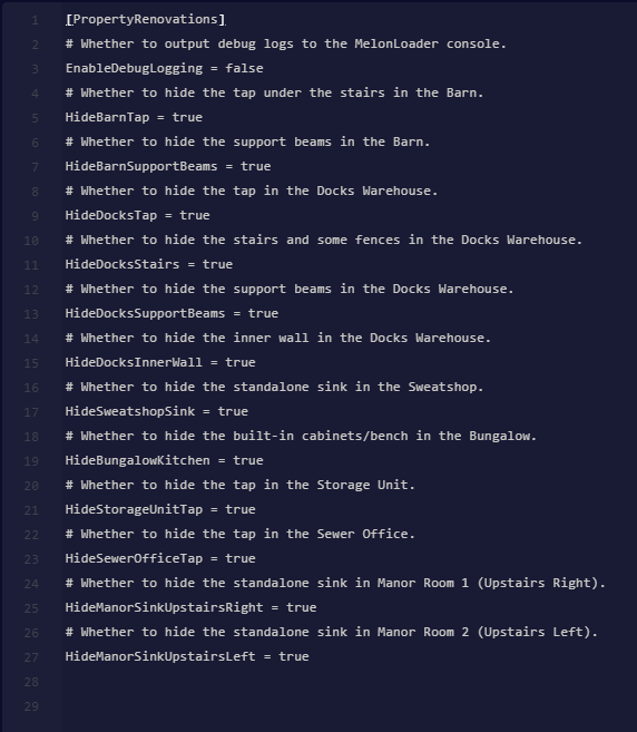 Property Renovations configuration settings displayed inside the MelonPreferences.cfg editor.