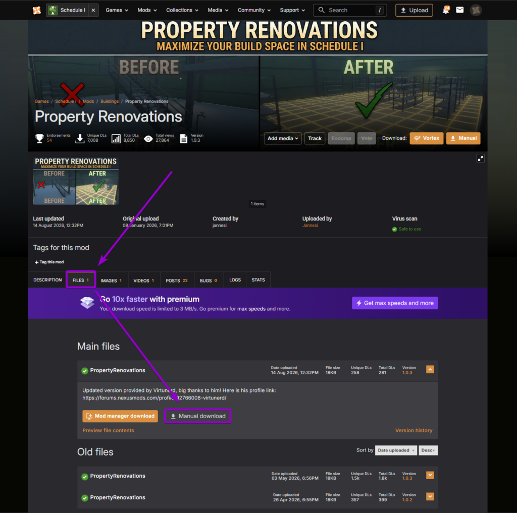 Downloading Property Renovations manually from the Nexus Mods files tab.
