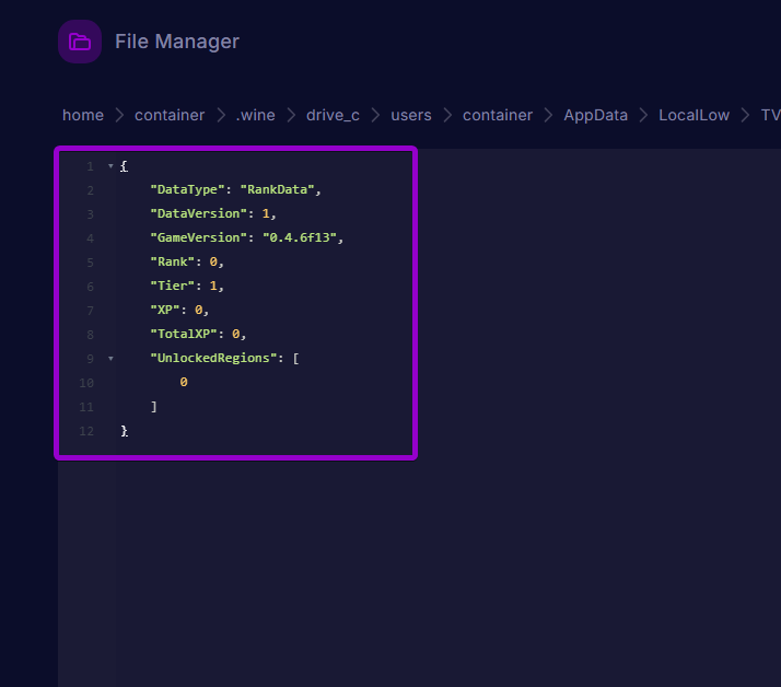 Rank, Tier, XP, and UnlockedRegions settings inside Rank.json