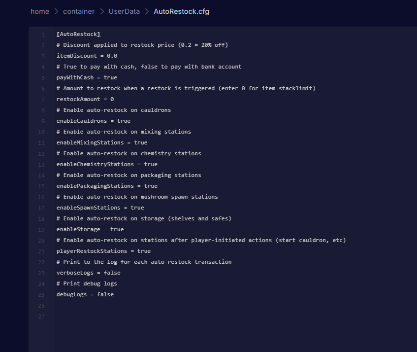 AutoRestock.cfg file selected inside the UserData directory
