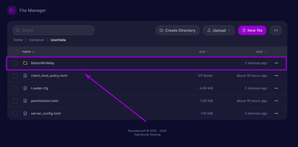BetterMiniMap directory highlighted inside the UserData folder in File Manager