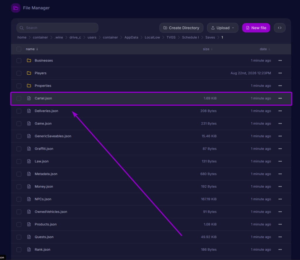 Cartel.json file selected inside the active save directory