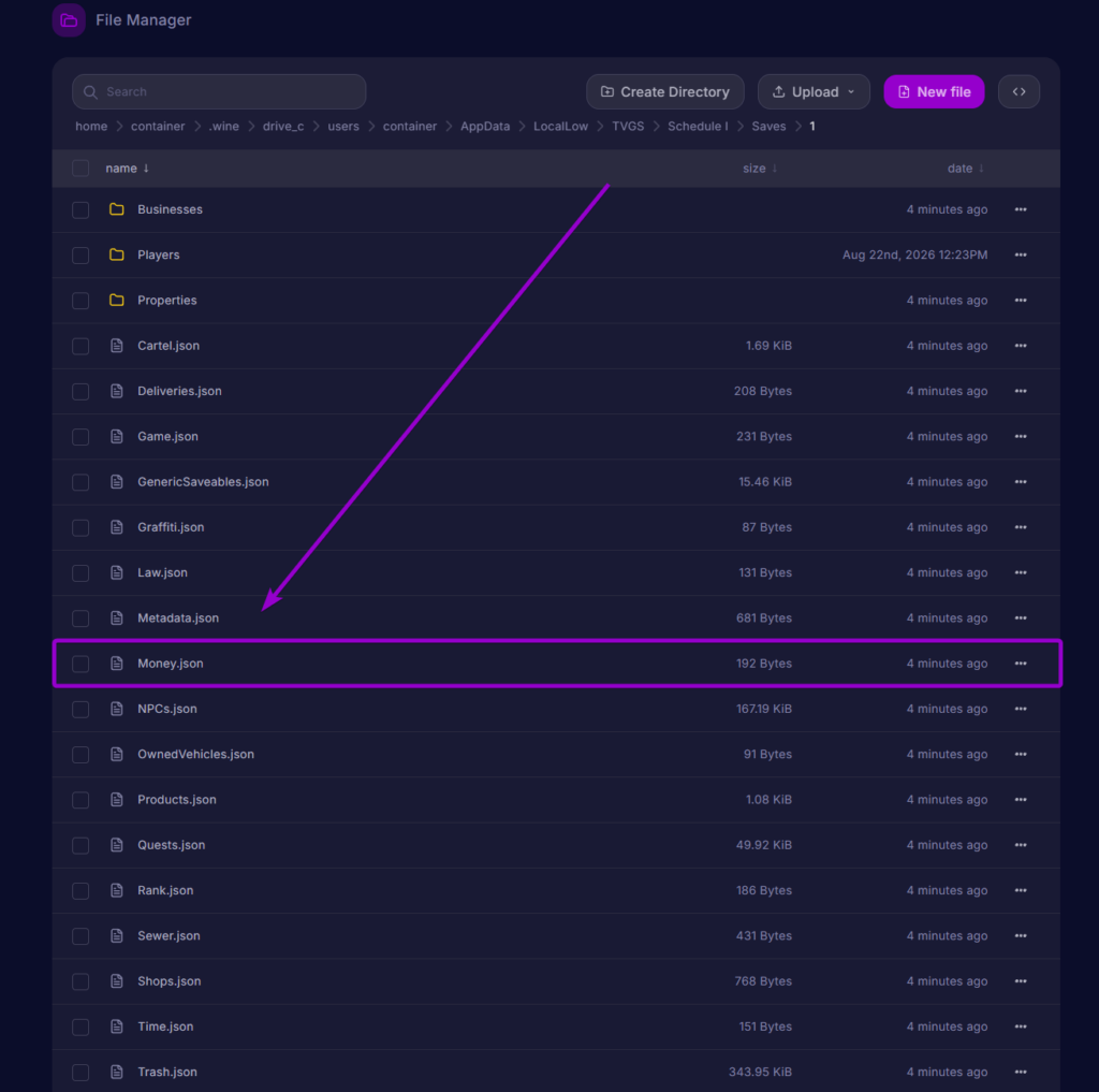 Money.json file selected inside the active save directory