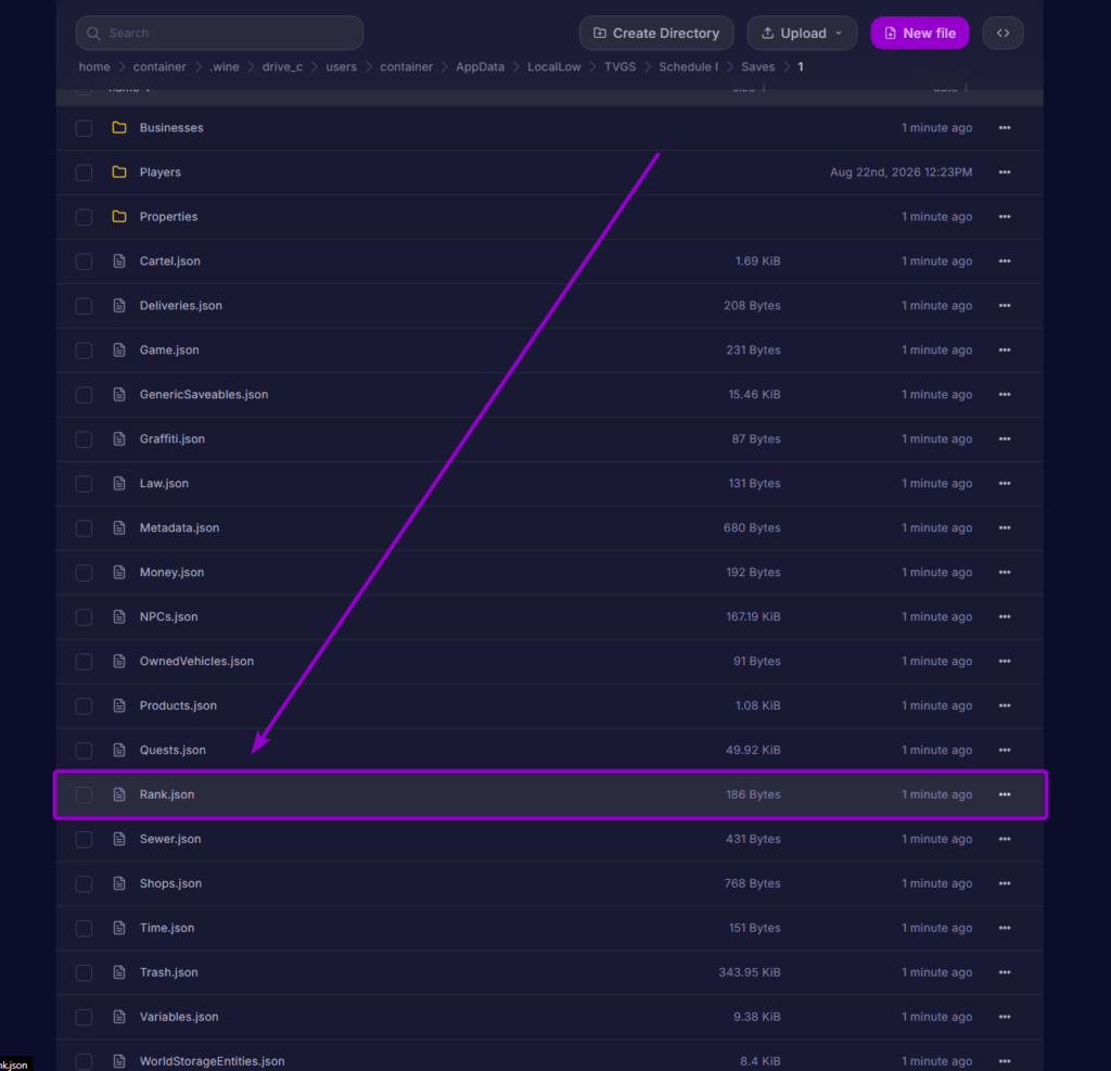 Rank.json file selected inside the active save directory