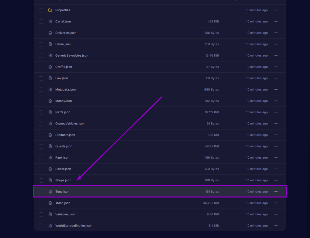 Time.json file selected inside the active save directory