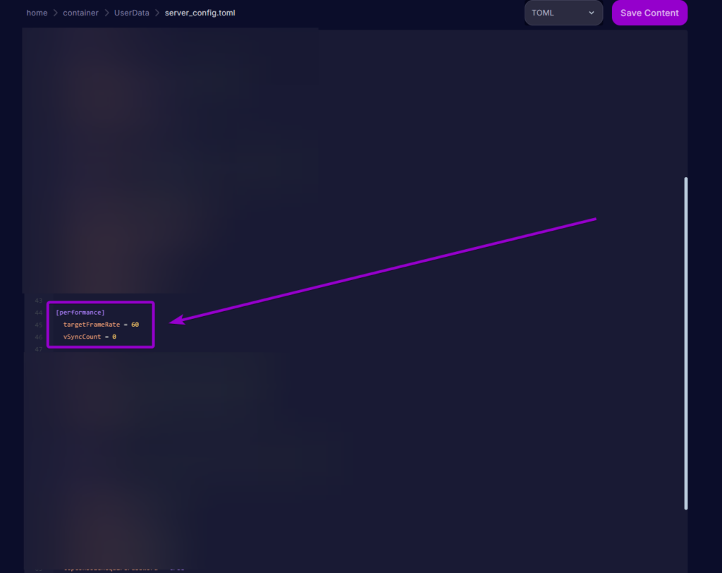 Performance settings highlighting targetFrameRate in server_config.toml