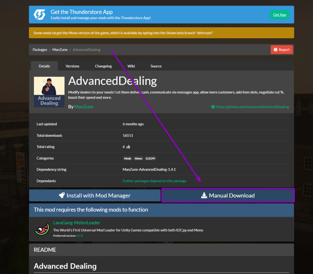 Extracting the AdvancedDealing.Il2Cpp.dll file from the downloaded archive