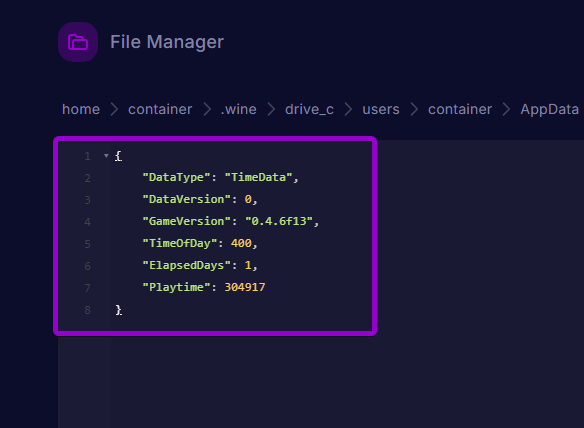 TimeOfDay, ElapsedDays, and Playtime settings configured inside Time.json