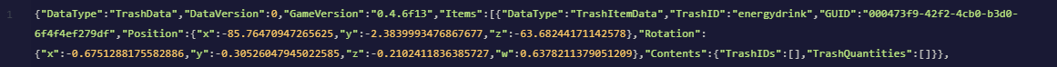 Serialized trash items and world clutter data displayed inside Trash.json