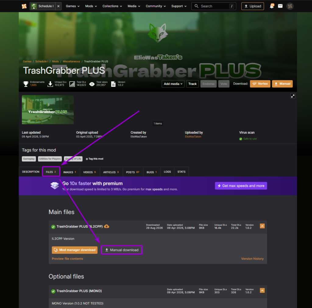 Downloading the TrashGrabber PLUS IL2CPP version from the Files tab on Nexus Mods