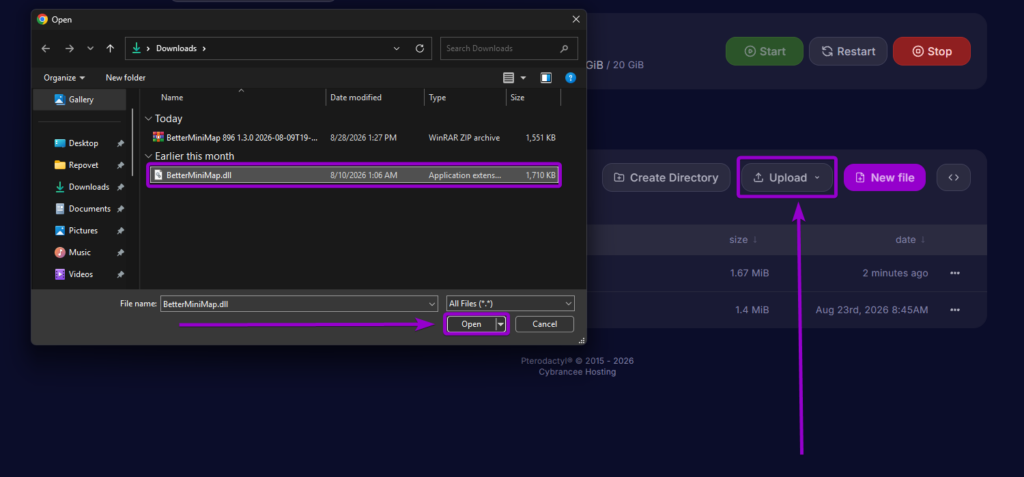 Uploading BetterMiniMap.dll to the server directory in File Manager