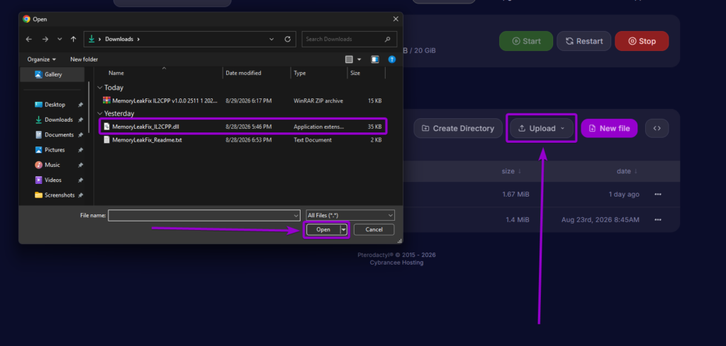 Uploading the extracted MemoryLeakFix_IL2CPP.dll into the server Mods directory via the control panel file manager