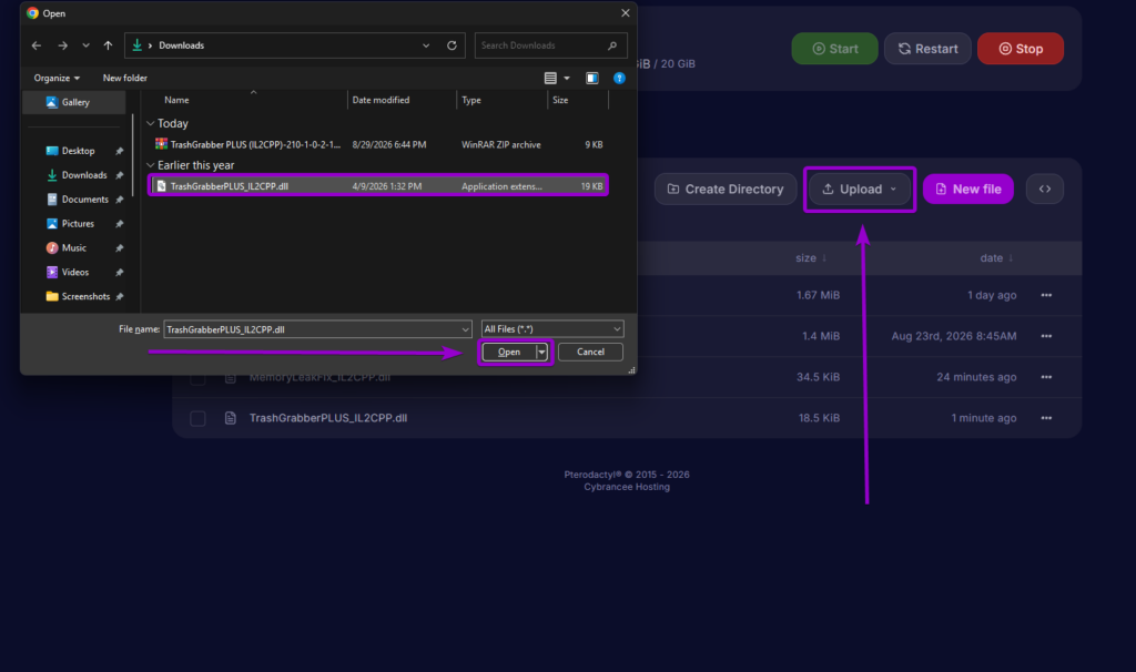 Uploading TrashGrabberPLUS_IL2CPP.dll into the server Mods directory using the file manager upload tool