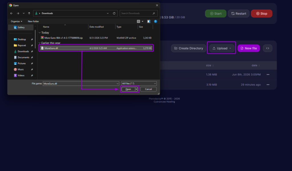 Selecting and uploading the MoreGuns.dll file in the Cybrancee File Manager.