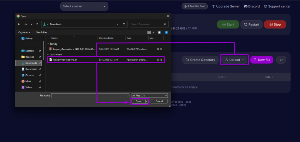 Selecting and uploading PropertyRenovations.dll in the Cybrancee File Manager.